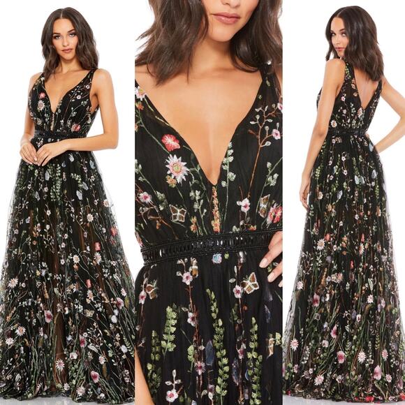 Mac Duggal Floral Embroidered Sleeveless A Line Gown Black Multi 70132 12 New - Picture 1 of 14
